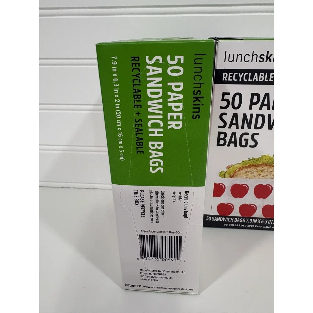 100ct Lunchskin Recyclable + Sealable Paper Sandwich Bags Apple Print
